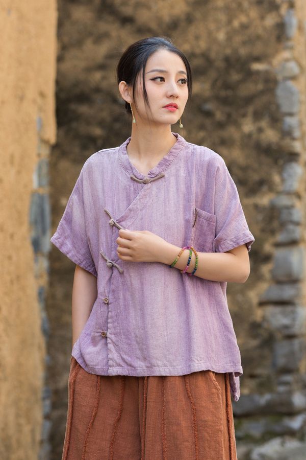 燕燕~夏季新款 亞麻紮染手縫線上衣 斜衫扣新中式女開衫上衣 外套 