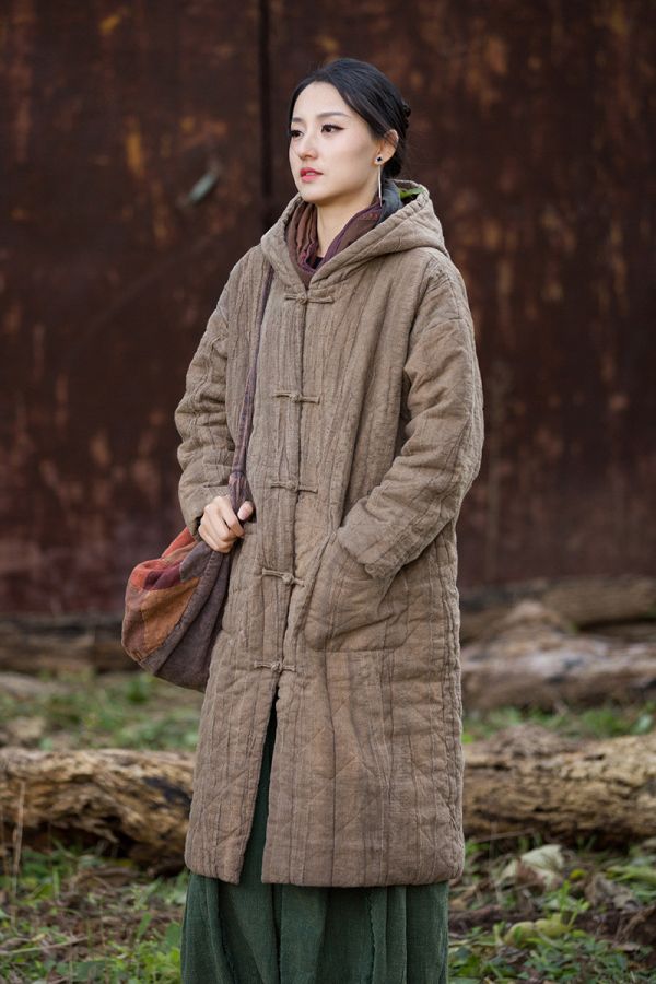 燕燕～苧麻 菱格絎縫棉服加厚保暖長款棉衣外套 