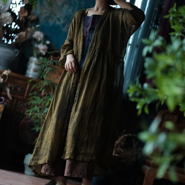 燕燕~純麻 寬鬆百搭手工繡花長外披長外套。ab219301 