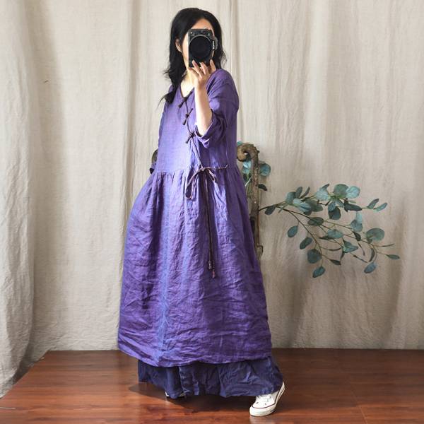 燕燕~棉麻商品~春夏秋新款 色織亞麻V領寬鬆繫帶盤扣洋裝 連身裙 