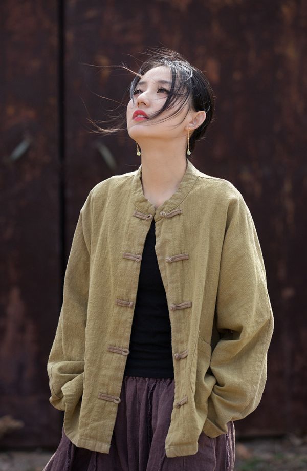 燕燕~夏款新品~撞色盤扣上衣改良新中式居家旅行禪修女式外套 上衣 