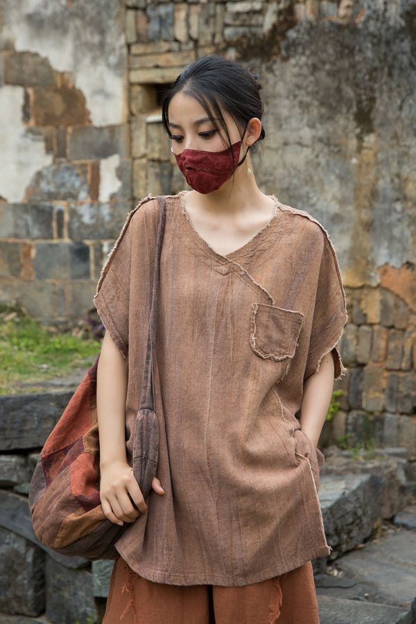 燕燕~夏季新款 亞麻染砂洗做舊磨毛 原創不規則上衣 T恤 