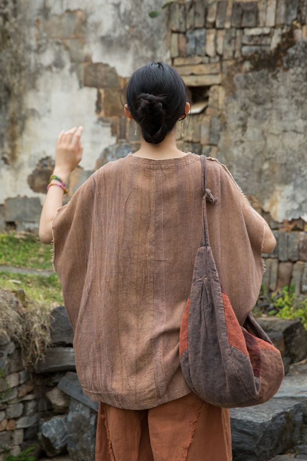 燕燕~夏季新款 亞麻染砂洗做舊磨毛 原創不規則上衣 T恤 