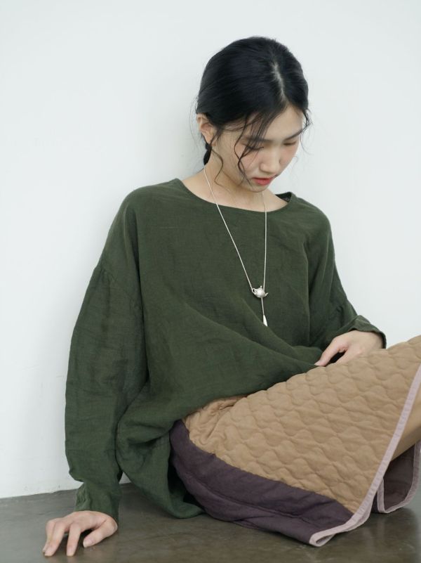 燕燕～亞麻～秋季簡約氣質百搭圓領套頭襯衫 打底寬鬆上衣  ab2526401 