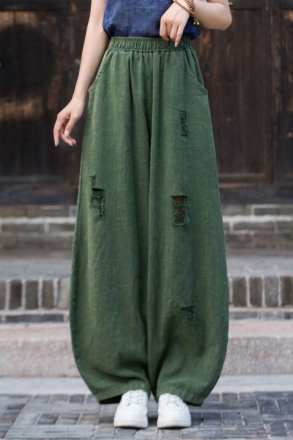 燕燕～秋季新款！苧麻 破洞炒色長褲 砂洗個性小眾流浪風燈籠褲 