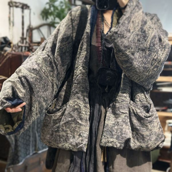 燕燕~秋冬新款 復古文藝絲麻混紡寬鬆繫帶中式復古上衣 外套 