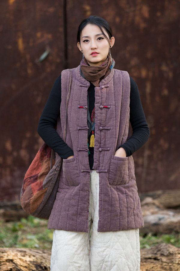 燕燕~冬季新款 苧麻豎格絎縫炒色夾棉保暖背心 