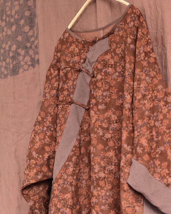 燕燕~秋季  砂洗做舊斜襟盤扣亞麻時髦花色 寬鬆洋裝 連身裙 