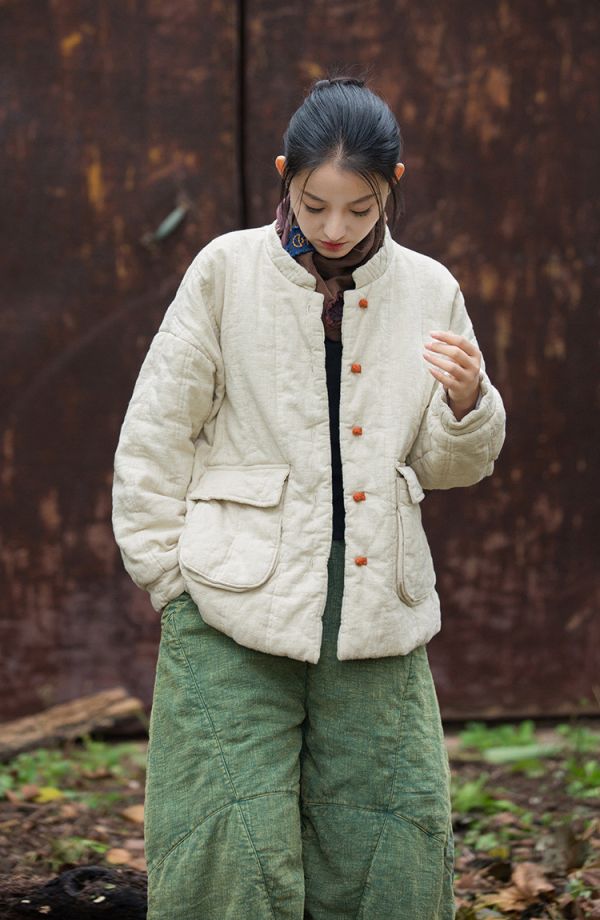 燕燕~冬新款  苧麻夾棉絎縫保暖棉服改良盤扣立領百搭女式短棉衣 外套 