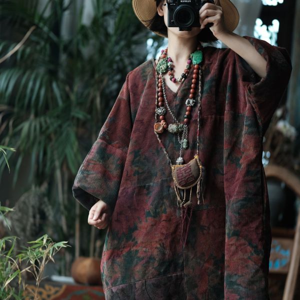 燕燕~秋冬新款 復古文藝V領拼布粗條絨棉袍洋裝 連身裙 ab222101 