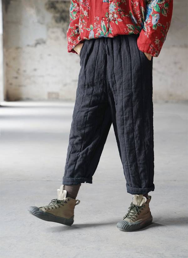 燕燕棉麻～亞麻材質 文藝做舊壓條加厚夾棉直筒棉褲 休閒顯瘦薄棉麻褲 長褲 ab021701 