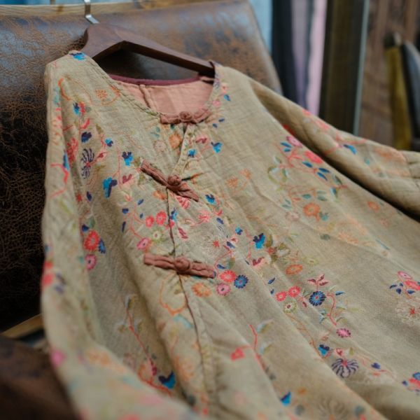 燕燕~春季新款. 雙層棉紗 寬鬆盤扣斜襟花袍洋裝 連身裙 