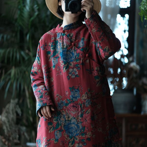 燕燕～文藝復古中式印花立領斜襟棉衣棉袍洋裝 連身裙  ab145901 