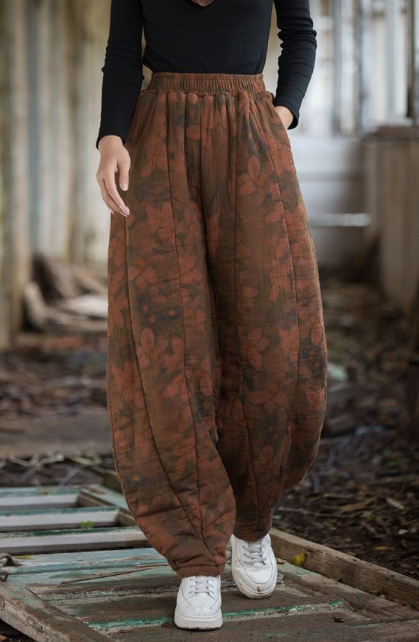 燕燕～秋冬新款 手染夾棉絎縫褲子12片拼接文藝燈籠褲女式棉褲 