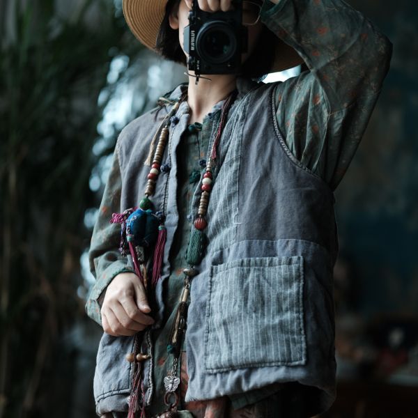 燕燕棉麻～純亞麻 復古文藝拼布寬鬆棉背心 ab179601 