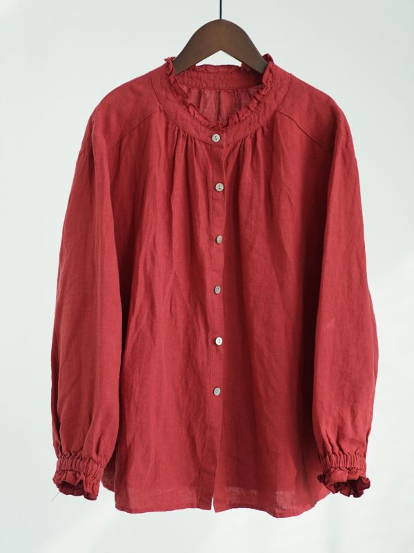 燕燕~秋冬款 天然亞麻法式小高領襯衫田園生活復古溫柔兩穿上衣 ab2533001 