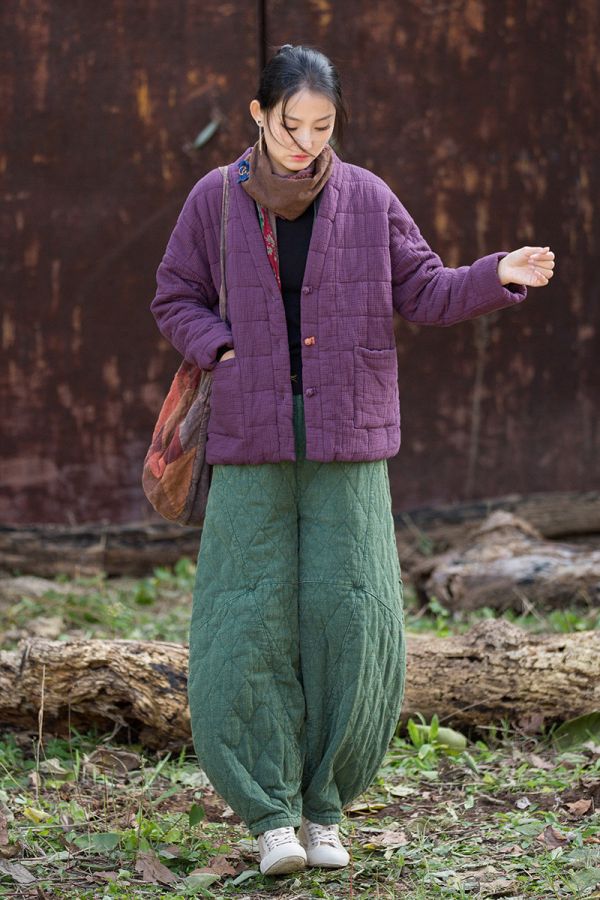 燕燕~冬季新款 復古夾棉絎縫菱形格加厚保暖燈籠棉褲 長褲 