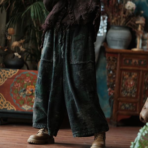 燕燕~秋冬新款 復古保暖休閒褲 設計感中式文藝加厚麻棉提花闊腿褲 ab080301 