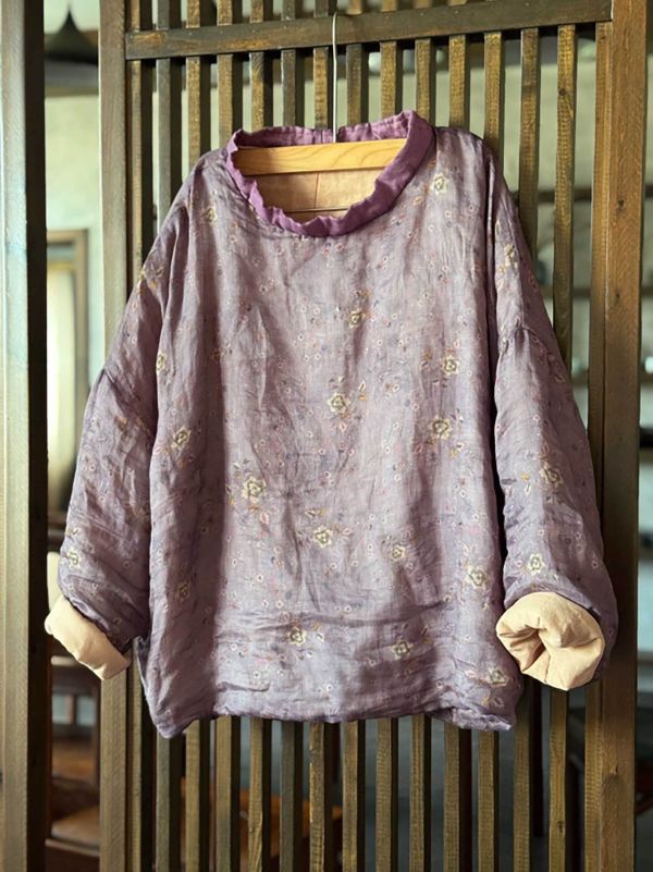 燕燕~秋冬新款 苧麻夾棉 數位印花高領棉衣 文藝休閒棉服上衣 