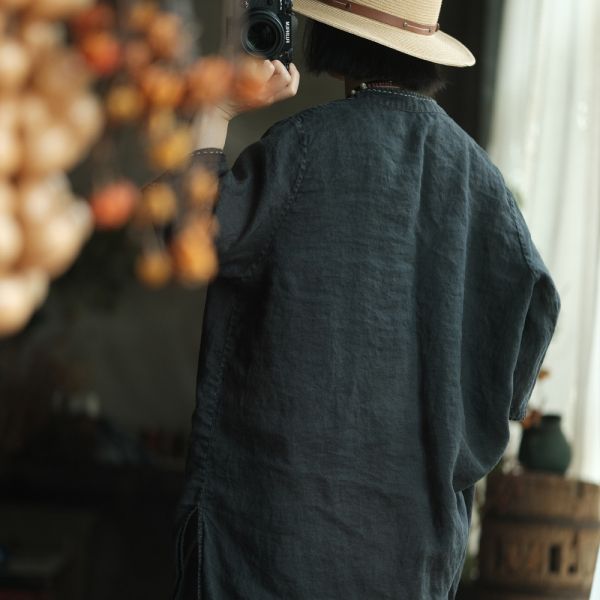 燕燕~春夏款 純苧麻。復古文藝印花寬鬆對襟長上衣襯衫  ab217601 