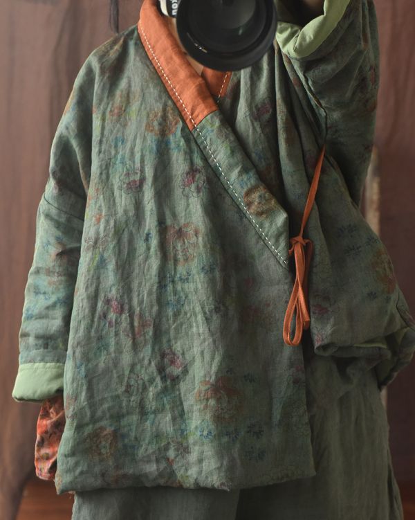 燕燕~棉麻商品~亞麻材質 印花 繫帶夾棉短棉襖 棉衣外套 