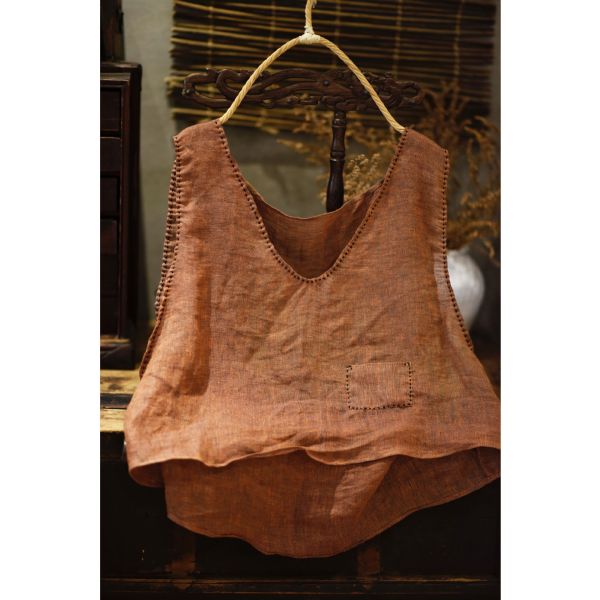 燕燕棉麻～藝術復古亞麻手縫線跡V領套頭寬鬆輕薄背心 