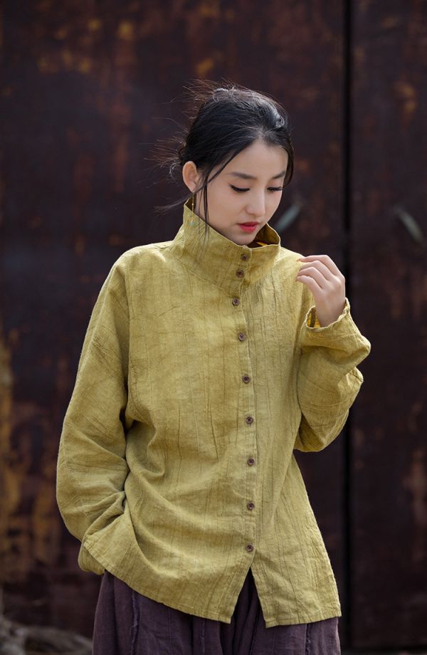 燕燕~苧麻棉~夏新品薄款紮染寬鬆百搭襯衫   半高領上衣 開襟衫 