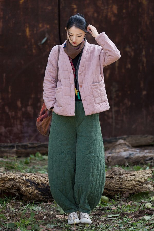 燕燕~冬季新款    雙層夾棉肌理感方格絎縫棉襖棉服柔軟保暖文藝盤扣棉衣外套 