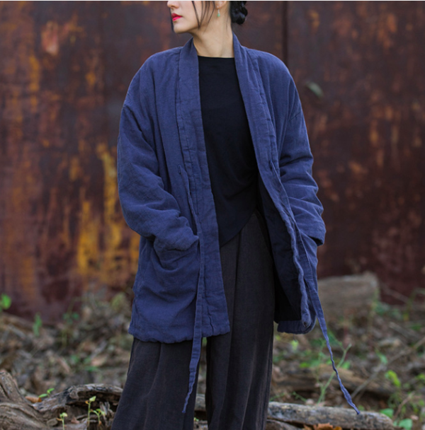 燕燕~秋冬新品  苧麻炒色夾棉加厚復古改良禪意風女式中長棉衣外套 