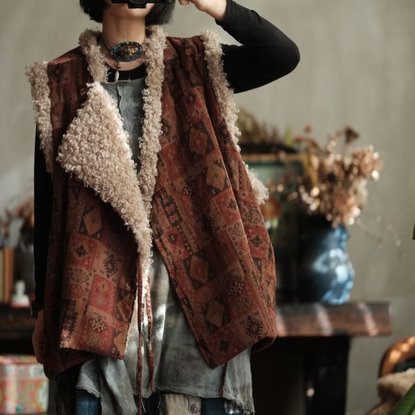 燕燕~復古羊捲毛翻領繫帶夾棉背心 ab227201 