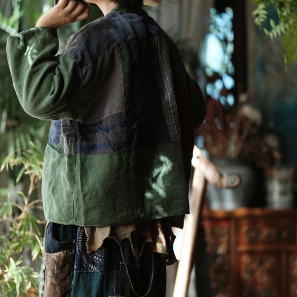 燕燕~秋冬新款 亞麻 做舊雪花洗拼布寬鬆短棉衣上衣。外套。ab178801 