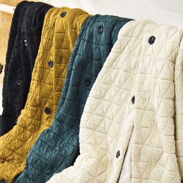 燕燕~棉麻商品~秋冬款 幾何絎縫格紋夾棉加厚改良禪意女式棉服棉衣外套 