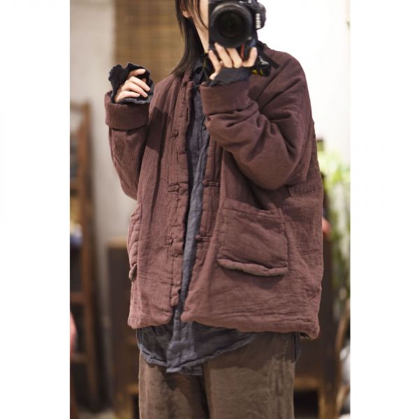 燕燕~棉麻商品~冬季款。亞麻 文藝色織寬鬆夾棉盤扣立領棉服外套 