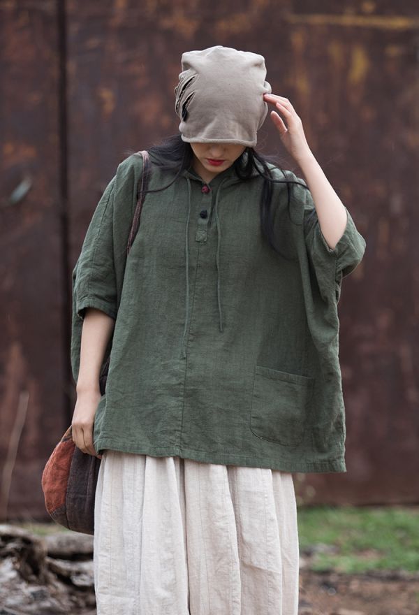 燕燕~夏季 苧麻棉 砂洗盤扣連帽防曬上衣  短袖棉麻衫 