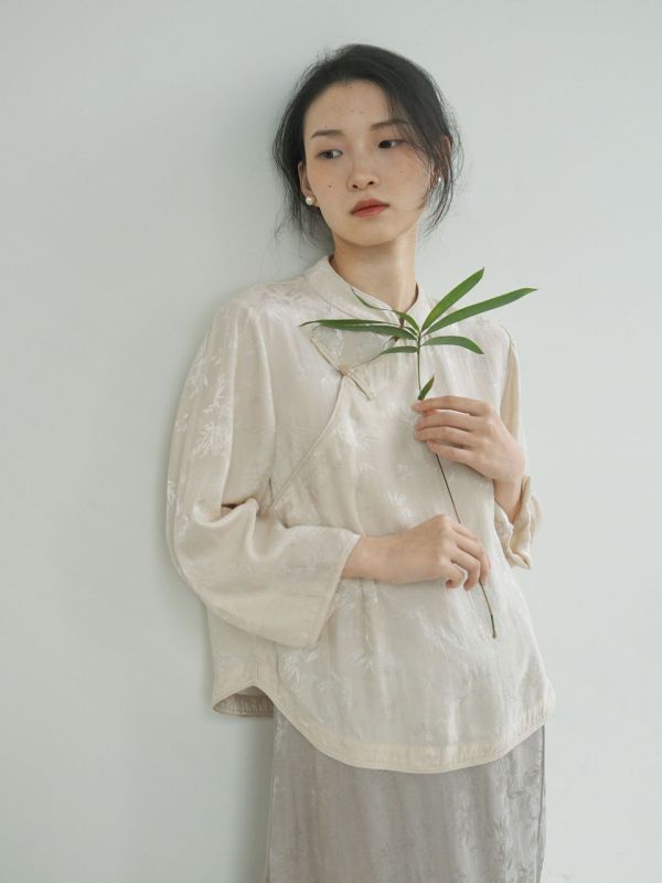燕燕~人絲提花   珠扣襯衫 禪意中國浪漫斜衫茶服上衣。ab2409901 