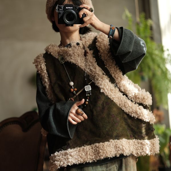 燕燕~復古燈芯絨斜襟盤扣羊捲毛夾棉背心。ab222401 