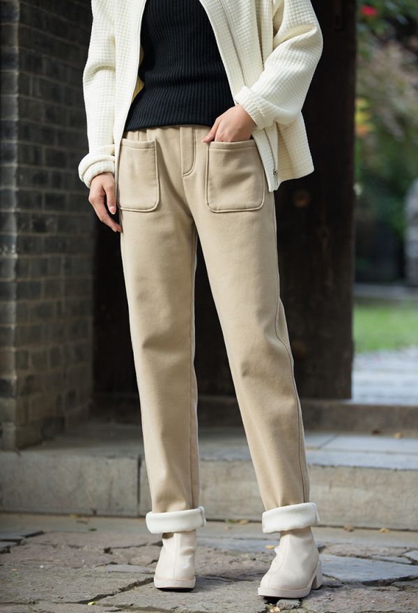 燕燕~棉麻商品~秋冬新款   時尚工裝風休閒褲加絨加厚保暖高腰女式直筒褲棉褲 長褲 