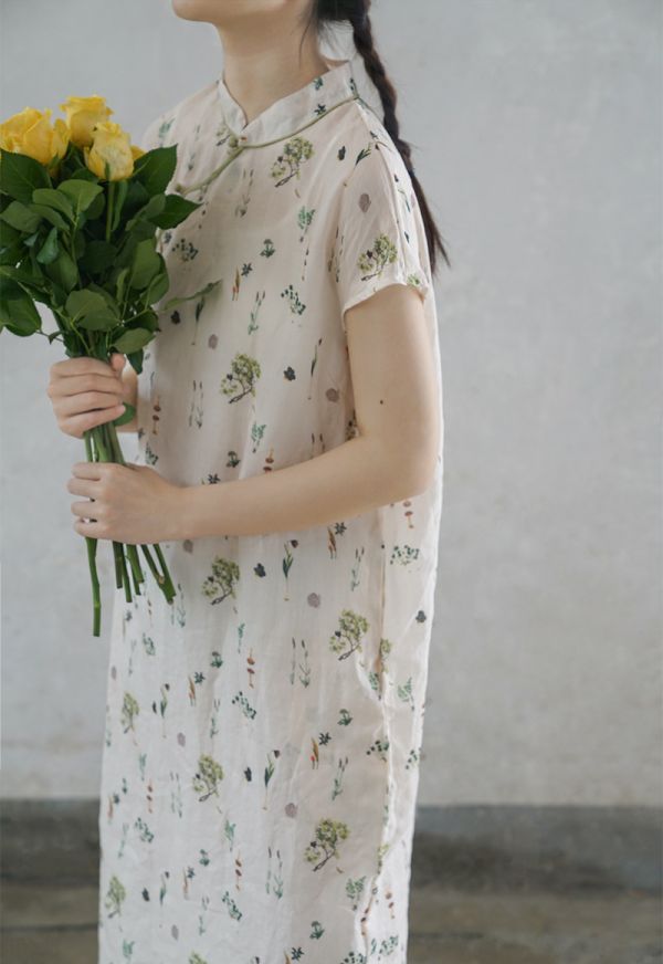燕燕~棉麻商品 斜襟顯廋長旗袍款式 田園印花洋裝 連身裙 ab2114701 