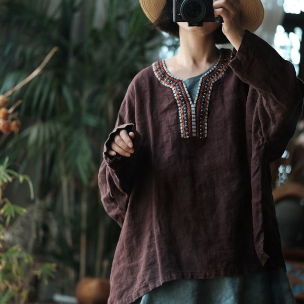 燕燕～春季新款 純亞麻 水洗領口拼接繡花片蝙蝠袖襯衫上衣 長袖棉麻衫 ab202201 