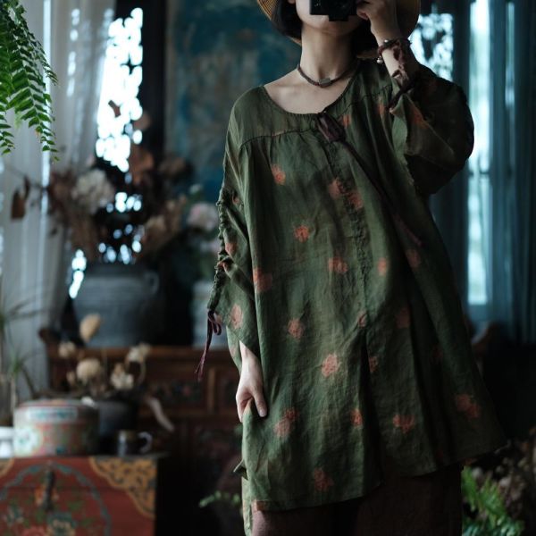 燕燕~（寬鬆版型）夏季新款 復古文藝圓領繫帶寬鬆禪意T恤 高級感襯衫 ab220301 