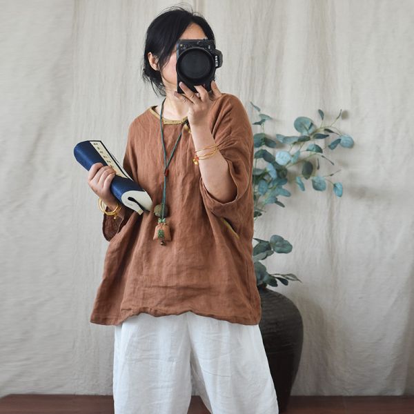 燕燕~棉麻商品~夏款寬鬆大碼復古盤扣短袖上衣 亞麻襯衫 七分袖棉麻衫 