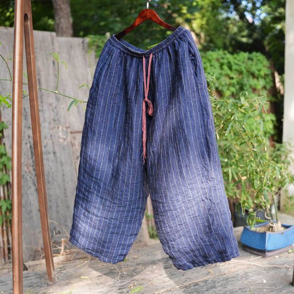 燕燕～亞麻 條紋色織鬆緊腰寬鬆顯瘦百搭直筒褲 長褲 