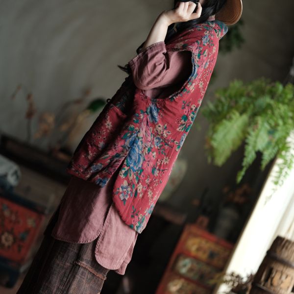 燕燕~棉麻商品~棉麻。  撞色領寬鬆落肩夾棉坎肩背心  ab192601 