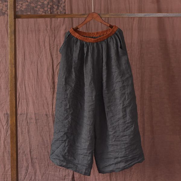 燕燕. 亞麻 撞色鬆緊腰頭 百搭休閒褲復古寬鬆簡約闊腿褲 長褲 民俗風寬褲 