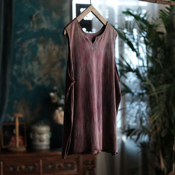 燕燕~夏季款式 復古手工植物染棉料V領背心 