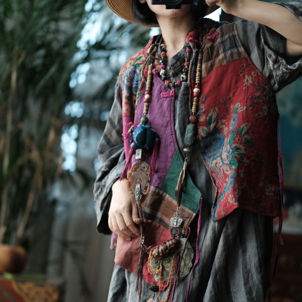 燕燕~棉麻商品~中式改良側開襟夾棉拼布背心棉麻杉. ab178301 