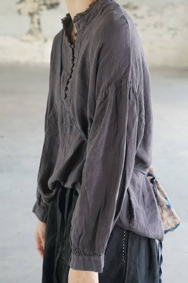 燕燕~棉麻商品~ 苧麻材質 立領長袖襯衫 復古百搭顯瘦上衣 1-2293 