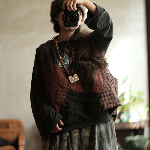 燕燕~純手工老布拼貼小眾氛圍感老布拼皮草夾棉背心 ab226401 (此件不退換） 