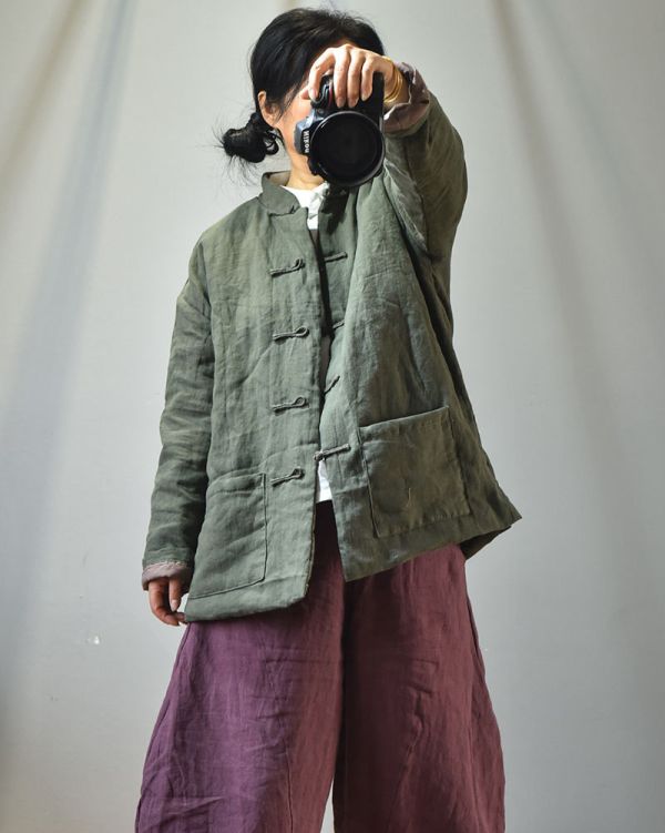 燕燕~秋冬新品～亞麻 中式傳統手縫盤扣禪意棉服 文藝復古男女保暖棉衣外套 
