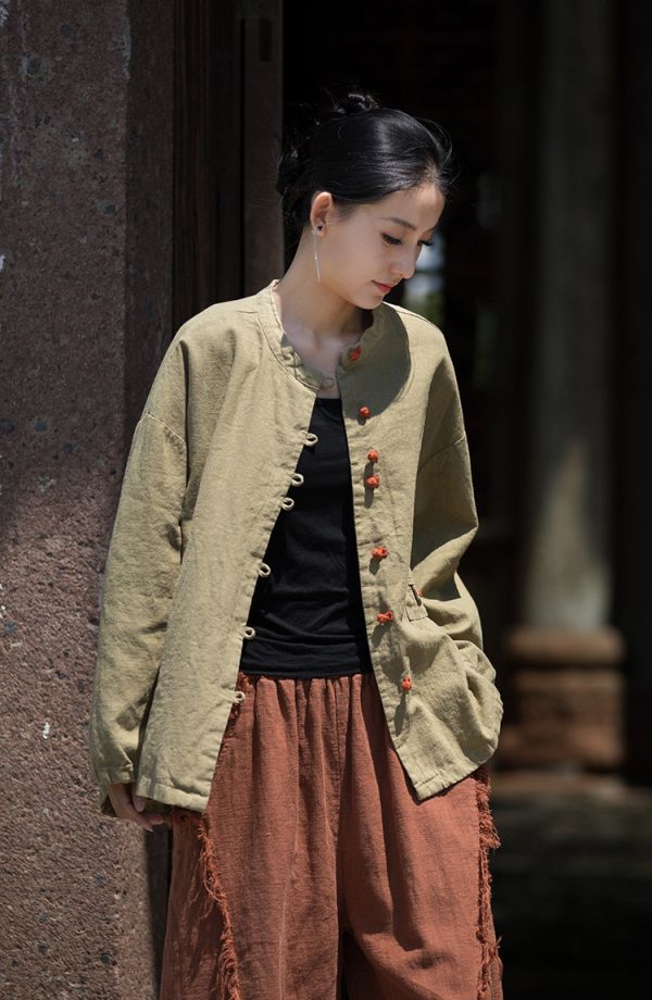 燕燕~秋冬新品～苧麻拼色盤扣對襟開衫上衣外套 